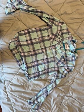 Mudd Mint Green and Navy Plaid Girls Button-Up Shirt